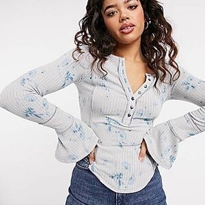 Free People Layer Me Henley Ribbed Floral Bell Sleeve Boho Top Blue Gray L